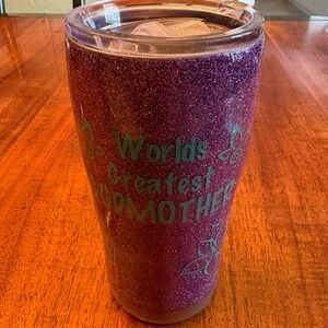 Glittery Purple Tumbler with World's Greatest Godmother Text 7”.